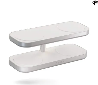A white Zens Quattro Wireless Charger Pro 4 with a silver trim, shown from a slightly elevated side angle against a white background.