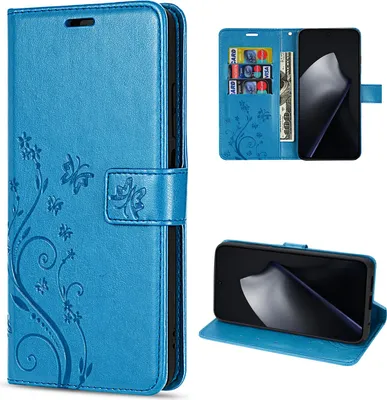 Collage of a blue flip wallet phone case for a Xiaomi 15T Pro, showing the exterior, interior with card slots, and the phone in a stand position.