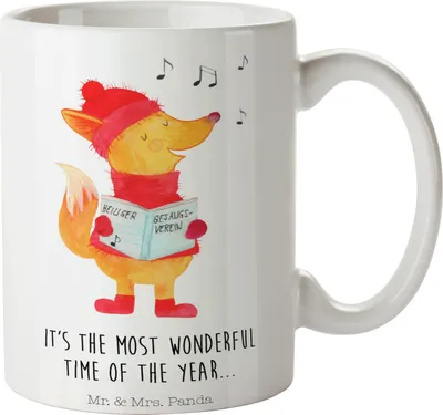 Produktbild von Mr. & Mrs. Panda Pott Fuchs Sänger - Weiß - Geschenk, Heiligabend, Singen, Winter, Tasse mit Spruch, Weihnachtslieder, Kaffeebecher, kaffeetasse bedruckt, Teetasse