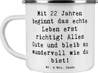 Produktbild von Mr. & Mrs. Panda Haferl Spruch 22. Geburtstag - Weiß - Geschenk, Abenteuer, blechbecher, Feier, besondere Anlässe, Emaille Becher, Happy Birthday, Alter, Pott, Tasse