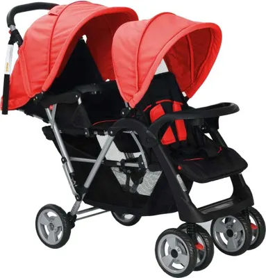 Produktbild von vidaXL Tandem-Kinderwagen Stahl Rot und Schwarz
