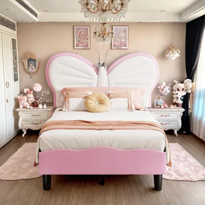 A child's bedroom with a butterfly-themed bed as the centerpiece.