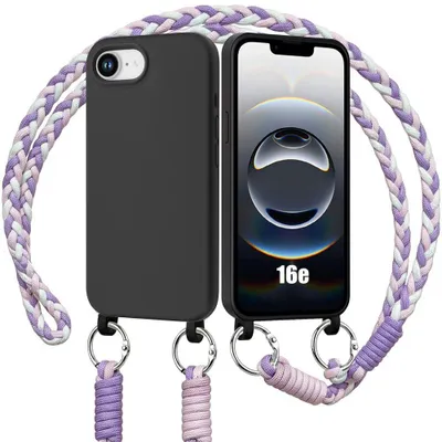 Image de Coque pour iPhone 16e, Antichoc Anti-Rayures Silicone Noir avec Cordon Blanc Violet