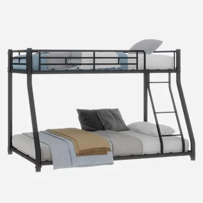 Productafbeelding van Stapelbed - Bedframe - Metaal - Bovenste bed 90 x 190 cm - Onderste bed 140 x 190 cm - Veiligheidsladder - Doorlopende beschermingsrelingen - Zwart