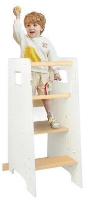 Zdjęcie produktu dla Drewniana wieża edukacyjna Montessori dla dzieci – pomoc kuchenna – 3-stopniowa regulacja wysokości – antypoślizgowe nóżki – stabilna konstrukcja – podwójne zabezpieczenia – biały kolor