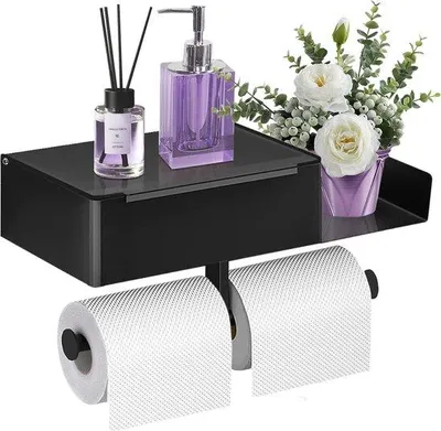 Image de Porte-mouchoirs en papier humides avec support pour boîte, sans perçage, support de toilettes en acier inoxydable, support pour 2 rouleaux de mouchoirs en papier, noir