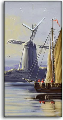 Produktbild von Dekor Leinwand Uhr Wandbilder 30x60 Gemälde See Schiff Mühle Sonne Kunst - weiße Hände