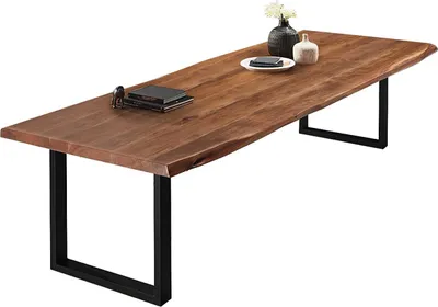 Produktbild von Esszimmertisch 260x110 cm Valin, Akazienholz nussbaumfarben & massiv, Baumkantentisch mit U -Gestell aus Metall Mattschwarz, echte Baumkante, Platte 50mm