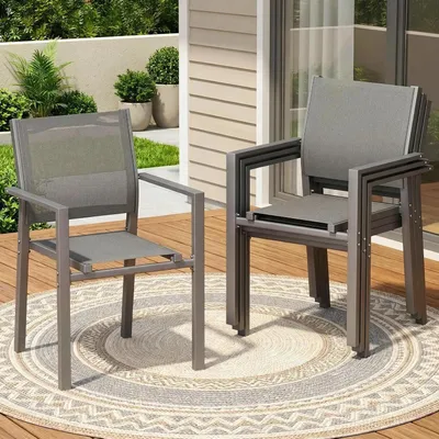 Produktbild von Gartenstühle 4er Set - Stapelbare Outdoor Essstühle mit Armlehnen - Textilene und Metallgestell - Wetterfest bis 120 kg - Für Balkon und Terrasse - Grau