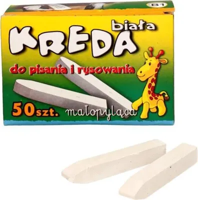 A box of white chalk with a cartoon giraffe illustration and two chalk sticks in the foreground.