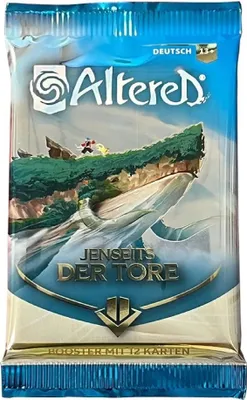 A booster pack for the Altered trading card game, featuring artwork of a whale-like creature with a landscape on its back.