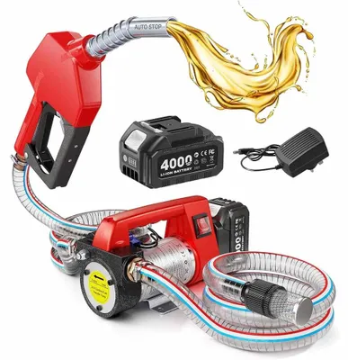 Immagine prodotto di Pompa elettrica per il trasferimento di carburante - Pompa per diesel e cherosene - Portata: 12 galloni al minuto - 2 tubi da 2 metri - Motore brushless - Senza fili - 1 batteria da 4,0 Ah