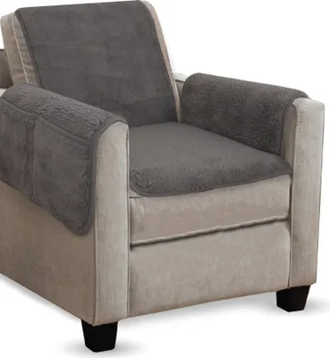Produktbild von Sesselschoner Lammflor-Optik Grau 140x144cm, Sesselauflage mit Armlehnen und Taschen, Sesselüberwurf, Schoner für Sessel