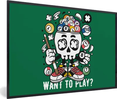 Produktbild von MuchoWow® MuchoWow® Gerahmtes Poster Billard - Totenkopf - Vintage 90x60 cm - Poster mit zchwarzem Bilderrahmen - Fotorahmen - Foto-Plakat