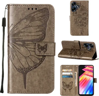 Produktbild von Lederhülle für Infinix Hot 30 4G X6831 Schmetterling Prägung Flip Ledertasche Kartenfächer Handyhülle mit Ständer Grau