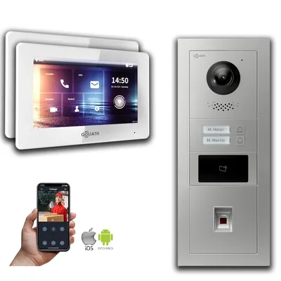 Produktbild von Goliath 2-Draht BUS Video Türklingel: 2 Familienhaus, Fingerprint, RFID, Silber : Aufputzdose : 7 Zoll in Weiß Monitor Auswahl: 7 Zoll in Weiß Türklingel Montagedose: Aufputzdose