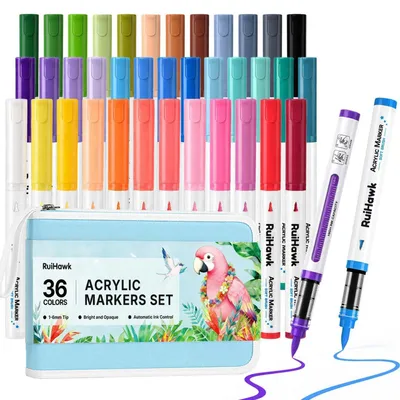 Produktbild von Acrylstifte Set 36 Farben Macaron Pastellmarker Pinselspitze wasserbasiert deckend für Glas Stein Holz Leinwand Stoff