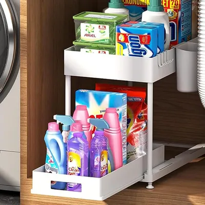 Produktbild von Unter Waschbecken Regal, Ablageregal, Küchenschrank Organizer, Spülschrankregal, mit Schiebeschublade, 4 Haken und 1 TassenSpülschrank Organizer, Bad
