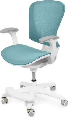 A teal and white ergonomic office chair for children.