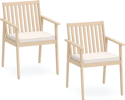 Immagine prodotto di Set KOMFOTTEU con 2 sedie da giardino ergonomiche con cuscini rimovibili, sedie da pranzo con braccioli, poltrone in legno di acacia, per terrazza, balcone, cortile, portata 180 kg (naturale)