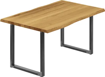 Produktbild von LAMO Manufaktur Esstisch Küchentisch Schreibtisch Couchtisch aus Massivholz, mit Baumkante 100x80x76 cm (AxBxH), Loft, Rustikal / Rohstahl mit Klarlack, LUB-01-A-003-0000L