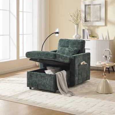 Image de OKWISH Fauteuil Relax - Poches latérales Dossier Rabattable Support Téléphone 1 Place Chenille Vert émeraude