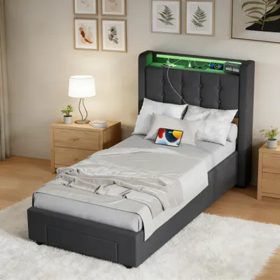 Produktbild von Polsterbett 90x190 Jugendbett Klassische Betten mit Steckdosen und Schubladen,Stauraumbett Einzelbett mit LED-Licht und Bettkasten,Grau(ohne Matratze)