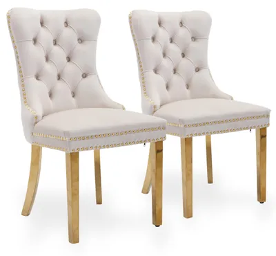 Productafbeelding van Set van 2 fluweleetstoelen voor de eetkamer, met een hoge rugleuning en een frame van rubberhout in goudkleur, beige