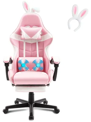 Zdjęcie produktu dla Fotel gamingowy z funkcją masażu - Ergonomiczny - Różowy - Z podnóżkiem