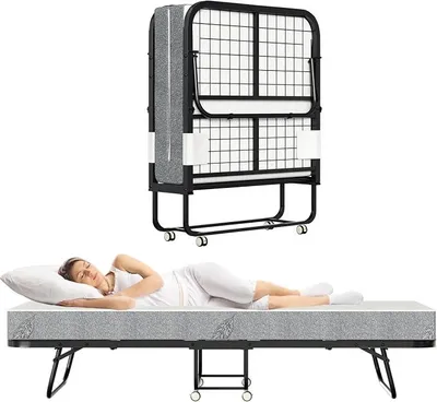 Image de Lit pliant 90x200 cm, comprenant un matelas en mousse de 13 cm et une housse de protection. Lit d'appoint stable et pliable, adapté aux adultes, supportant jusqu'à 200 kg, avec un cadre métallique pliable et des roulettes de transport
