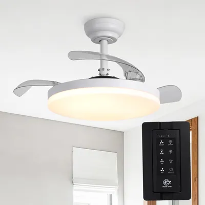 Image de Ventilateur de plafond Parrot Uncle avec éclairage et télécommande, pales rétractables de 106 cm, blanc, LED à intensité variable, 3 couleurs de lumière, 6 vitesses