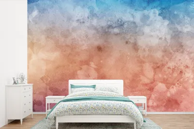 Produktbild von MuchoWow® Fototapete für Wohnzimmer oder Schlafzimmer Wandtapete Vinyl Motivtapete Wasserfarben - Orange - Blau - Rot - 360x240 cm - Vinyl-Tapete