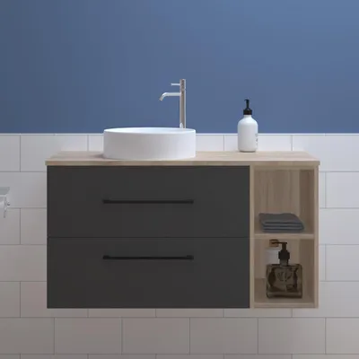 Image de Meuble Salle de Bain Suspendu avec Lavabo, Meuble 2 Tiroirs 99cm, Lavabo céramique blanche