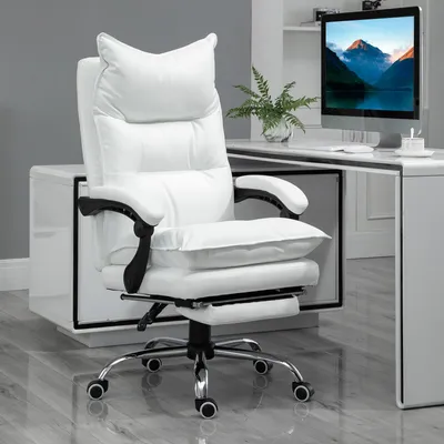 Produktbild von Kunstleder Schreibtischstuhl ergonomisch, Bürostuhl mit Fußstütze, höhenverstellbar, Weiß  |  Kunstleder-Bezug  |  360° drehbar  |  55–63 cm Sitzhöhe