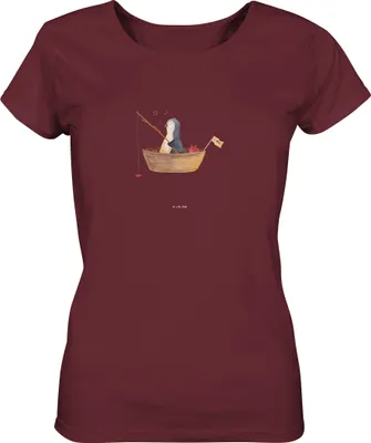 Produktbild von Mr. & Mrs. Panda Oberteil Damen Pinguin Angelboot Größe S - Burgundy - Geschenk, Basic Shirt, Angeln, Motivation, T-Shirt, Sommershirt, Boot, Trennung, Baumwoll