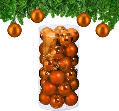 Imagen del producto de Relaxdays, juego de 30 bolas navideñas, plástico, diámetro: 6 cm, adornos redondos para el árbol de Navidad, decoraciones para el árbol resistentes a roturas, color naranja