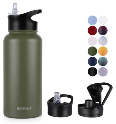Imagen del producto de Solidchoice - Botella de agua de acero inoxidable de 1000 ml con pajitas y 2 tapas, libre de BPA y a prueba de fugas