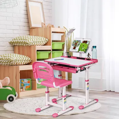 Produktbild von Kinderschreibtisch Neigungsverstellbar Schülerschreibtisch mit Lampe und Stuhl Farbewahl-Rosa