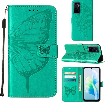 Produktbild von VIVO S10E 5G Hülle, Schmetterling Prägung Flip Leder Kartenfächer Schutzhülle Ledertasche mit Ständer für VIVO S10E 5G / V23E 4 5G / Y75 4G Grün