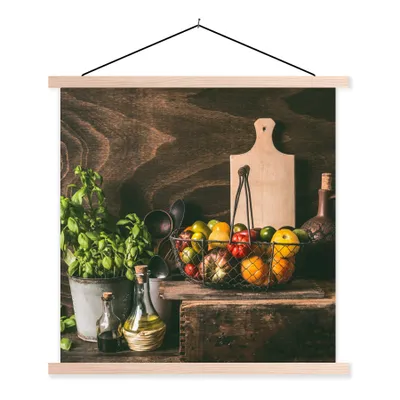 Produktbild von MuchoWow® Textilposter Gemüse - Kräuter - Rustikal - Stilleben - Basilikum 60x60 cm mit holzfarbenen Rahmen - Wanddekoration