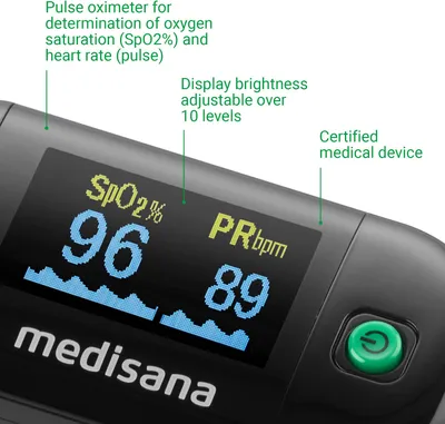 Obrázok produktu pre medisana PM 100 pulzný oximeter s OLED displejom a cestovným puzdrom