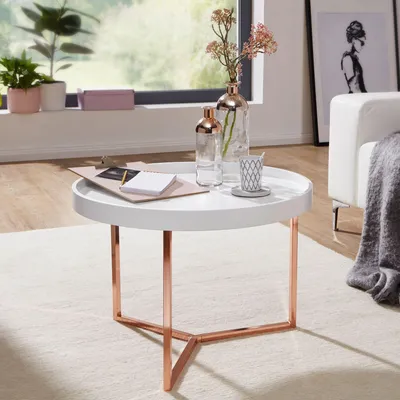 Zdjęcie produktu dla Stolik kawowy FineBuy, 58,5 x 42 x 58,5 cm, stolik do sofy, metalowy, okrągły, designerski, w stylu retro, nowoczesny stolik do salonu, mały stolik do wypoczynku, kolor biały, mosiężne elementy
