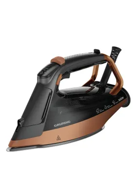 A studio shot of a black and copper steam iron against a white background.