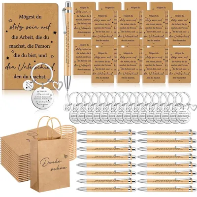 Productafbeelding van Bedankcadeauset, 16 stuks: notitieboekjes, sleutelhangers, balpennen, cadeautasjes