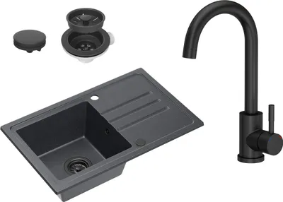 A black granite sink and a black faucet are displayed against a white background.