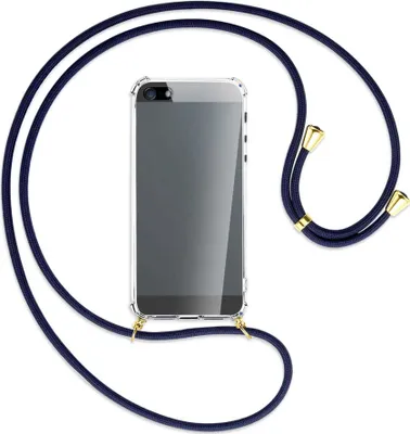 Produktbild von Handykette Backcover-Schutzhülle mit Band (Metall goldfarben) für Apple iPhone 5, 5S, SE - dunkelblau