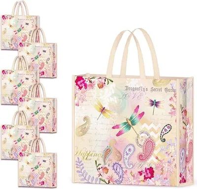 Productafbeelding van Unyqoos® set van 6 herbruikbare boodschappentassen met een libellen-tuinmotief, groot 45x40x13 cm, gemaakt van vliesstof, opvouwbaar en waterdicht, met stevige handgrepen, draagvermogen: meer dan 22 kg