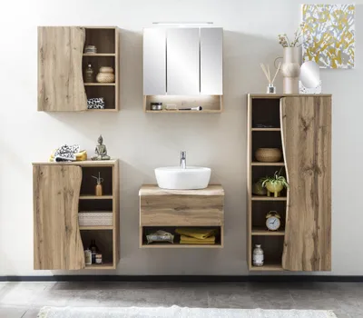 Produktbild von Waschtisch-Set "Kaprun" aus MDF in wotaneiche mit 3 Türen und 6 Einlegeböden. Abmessungen (B/H/T) 61x200x47 cm