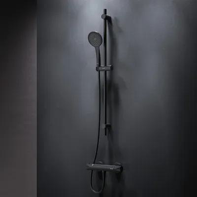 Image de Set de douche noir AM.PM : Thermostat de douche& Set de douche (douchette&barre)|Set de douche : douchette, barre de douche et thermostat|Set de douche et thermostat de douche, rond|Robinet de douche avec thermostat pour salle de bain et set de douche|F428TA46,mat