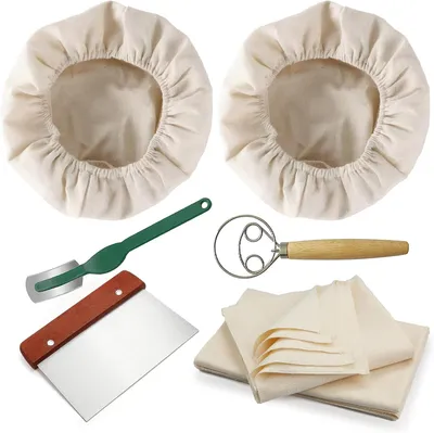 Produktbild von Brotbackzubehör Set, Teigmischer, Bäckermesser, Teigschneider, 2 Gärkörbchen 25 x 8 cm, Bäckerleinen, für